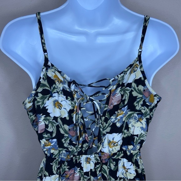 MEDIUM GREEN FLORAL RUFFLE DRESS SLEEVELESS CASUAL LACE UP BACK - Picture 7 of 10